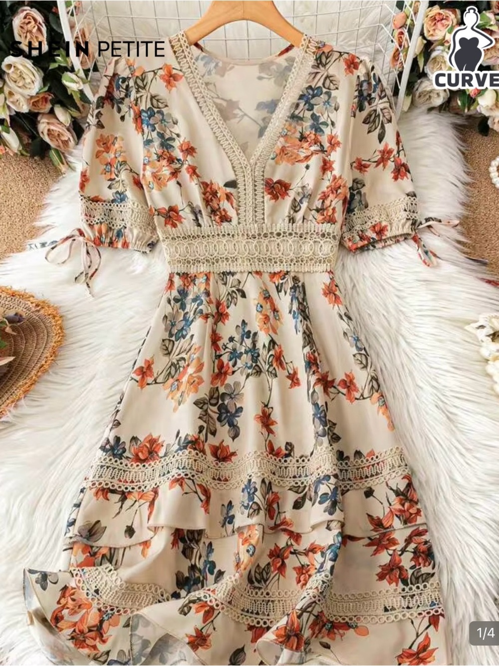 SHEIN Cream Floral Lace-Trim Midi Dress with Orange & Blue Blooms